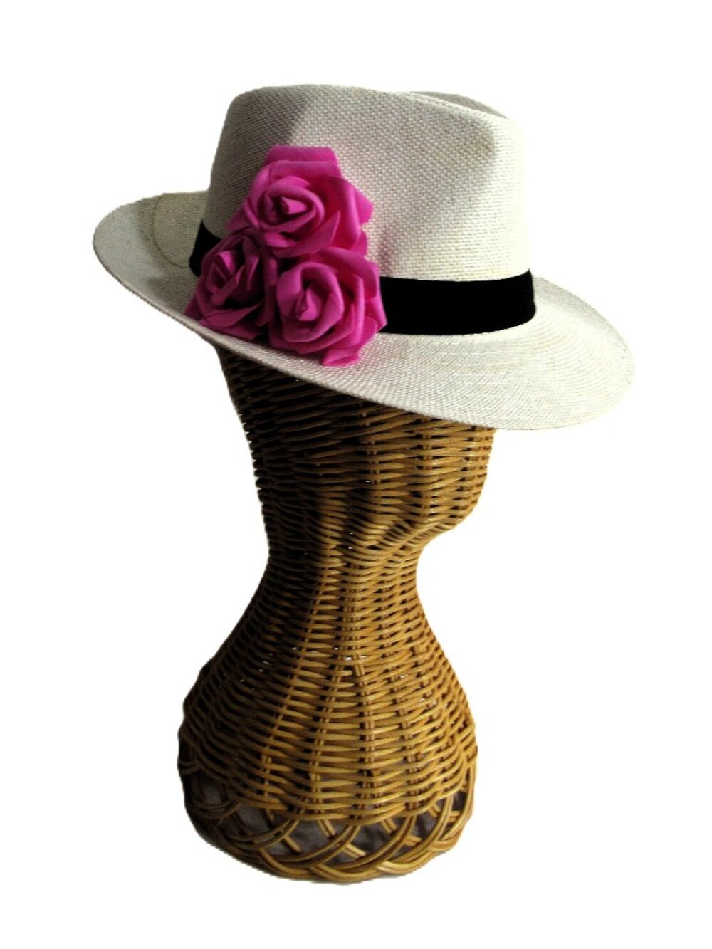 WHITE STRAW FEDORA WITH ROSES, CHIC NEW
